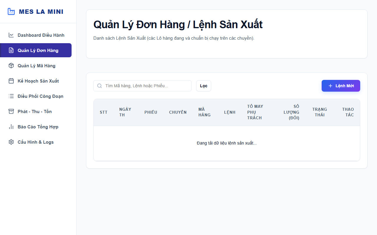 Quản Lý Đơn Hàng & Mã Chuyền Sản Xuất