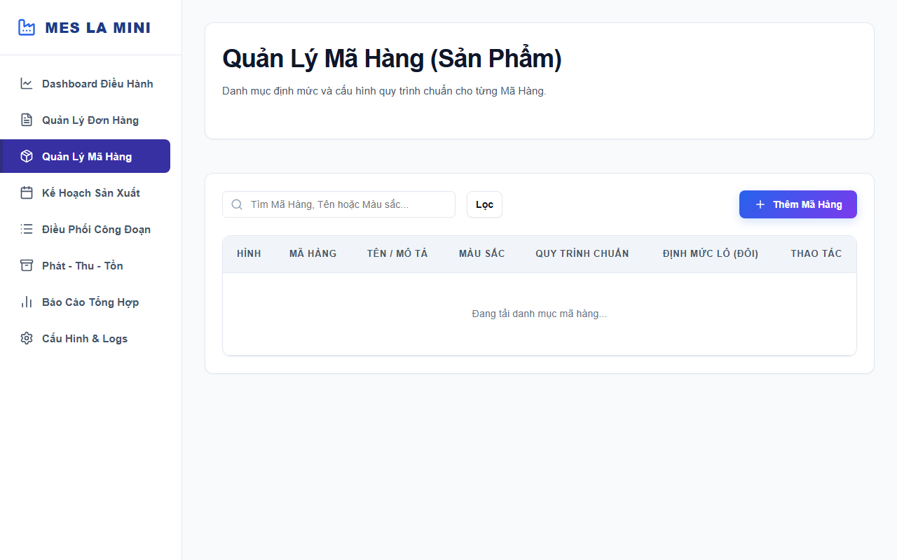 Quản Lý Định Mức & Thông Số Kỹ Thuật Mã Hàng
