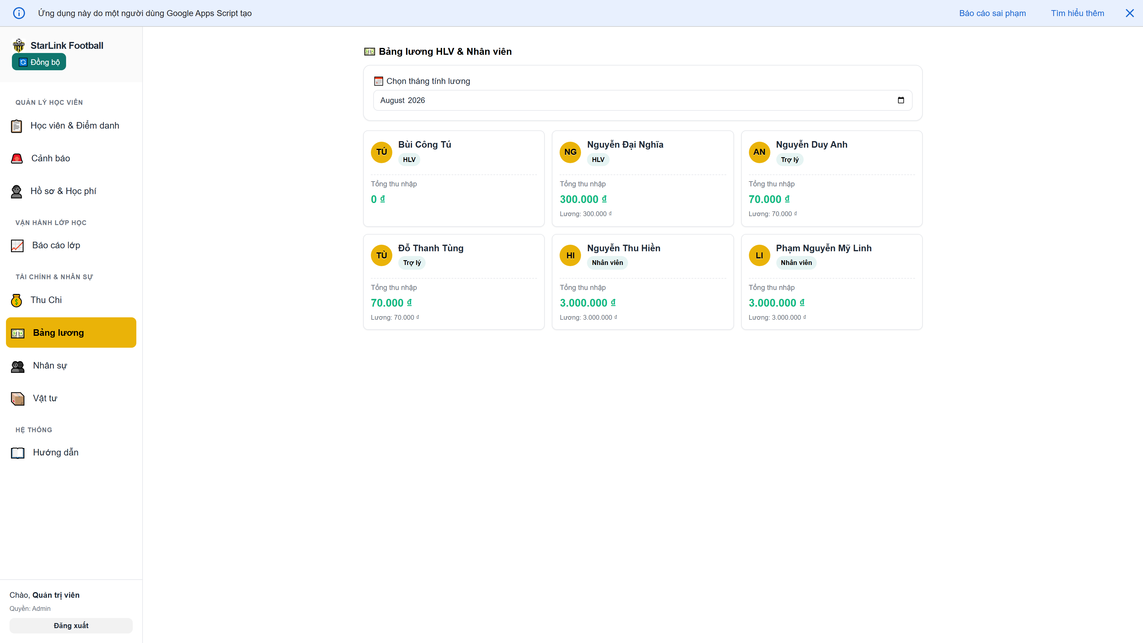 StarLink desktop - Bảng lương HLV theo ca