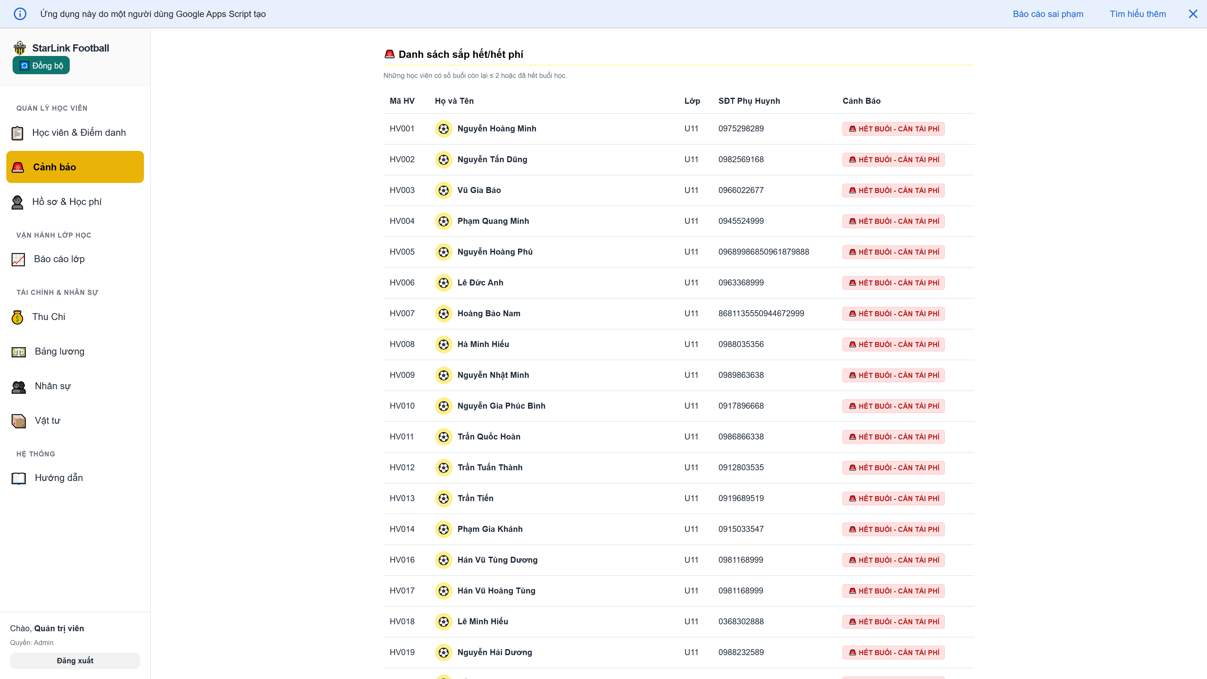 StarLink desktop - Cảnh báo học phí sắp hết