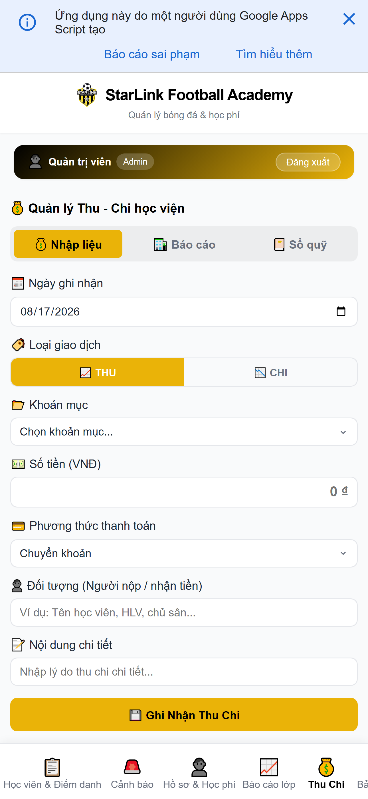 StarLink mobile - Nhập Thu Chi trên điện thoại
