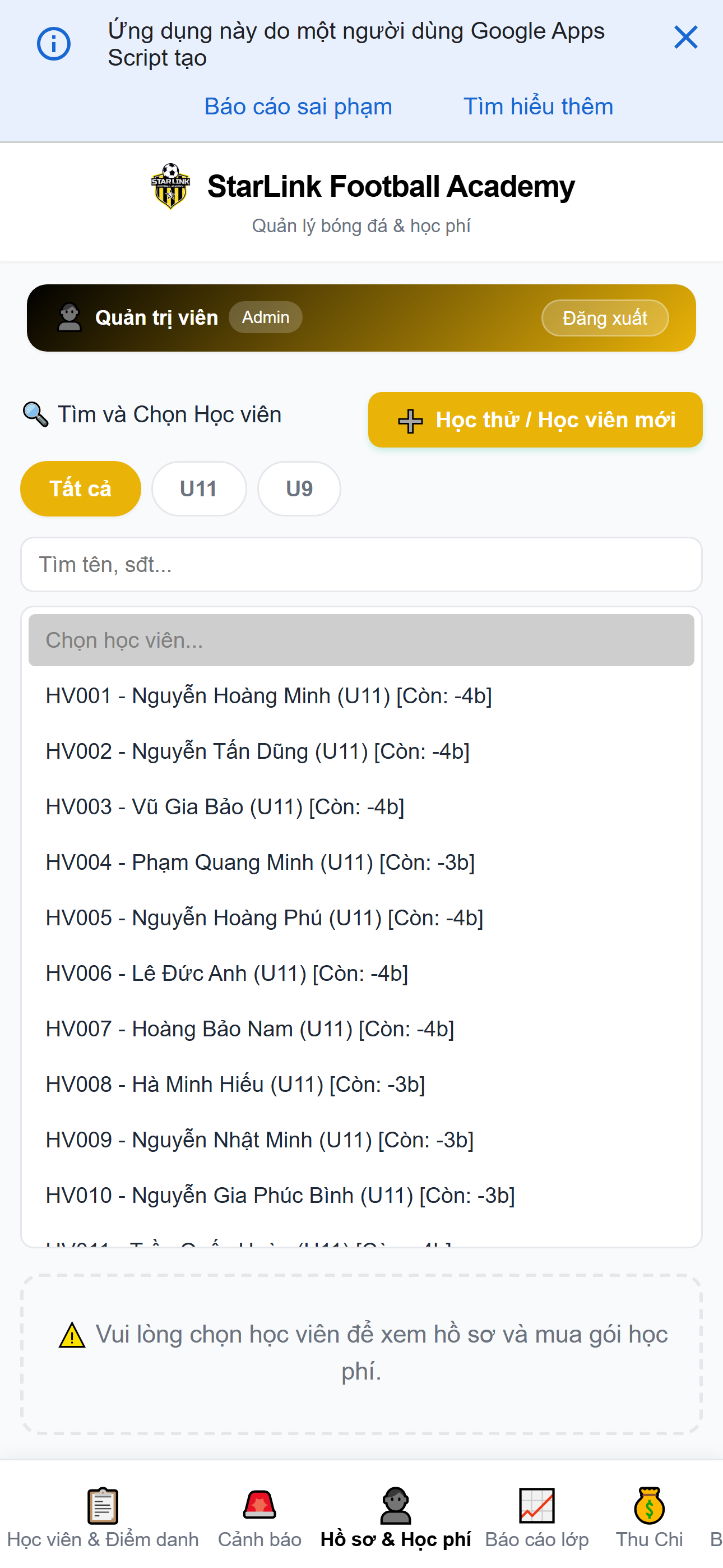 StarLink mobile - Hồ sơ học viên trên điện thoại