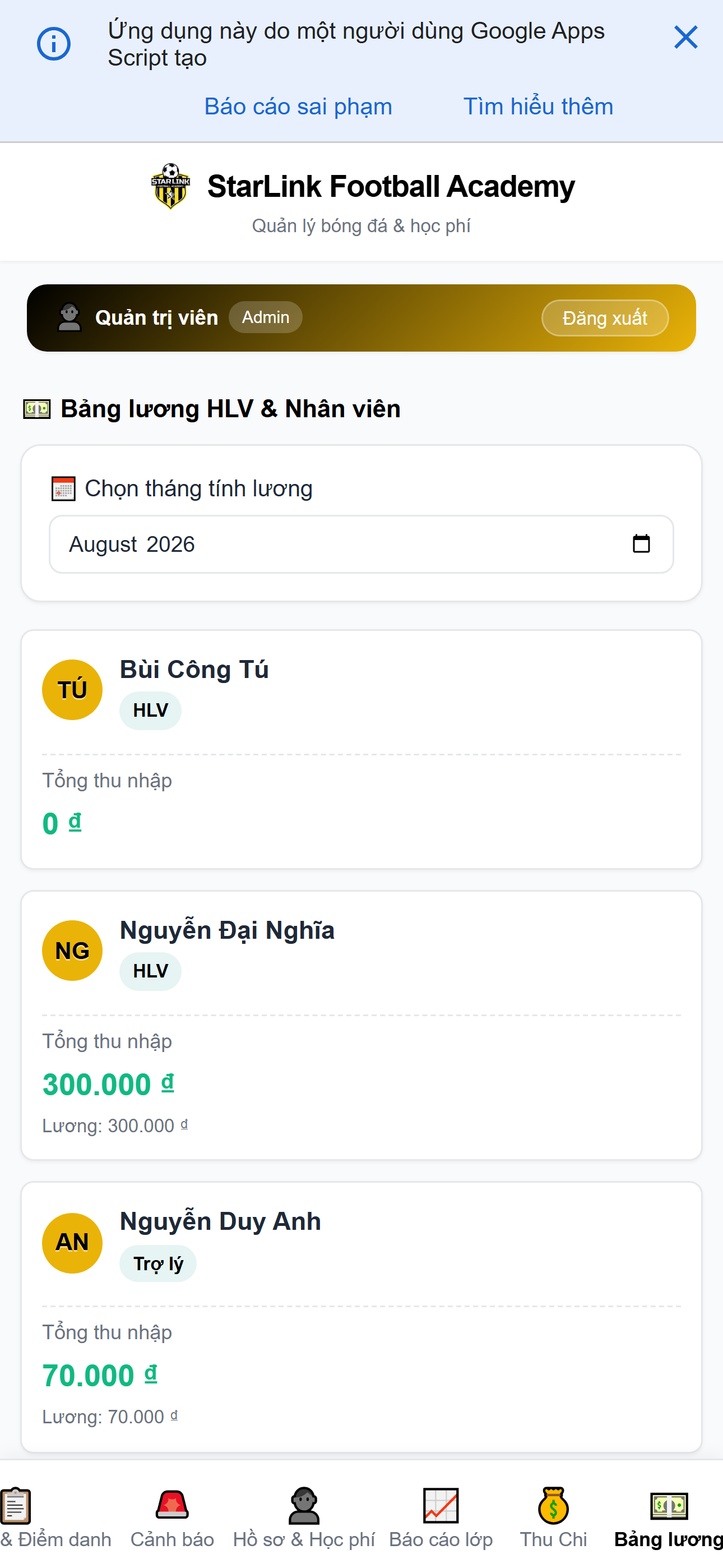 StarLink mobile - Bảng lương trên điện thoại