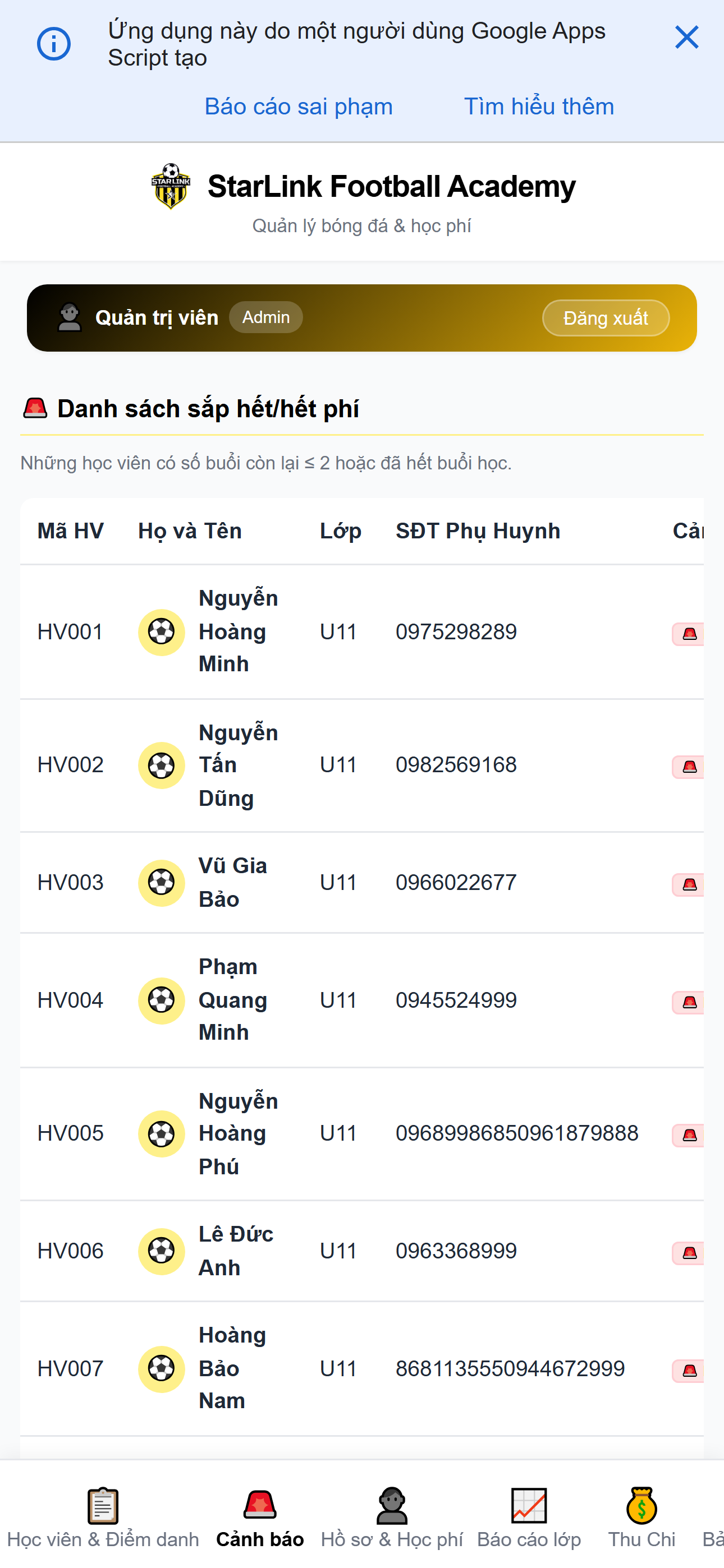 StarLink mobile - Cảnh báo trên điện thoại